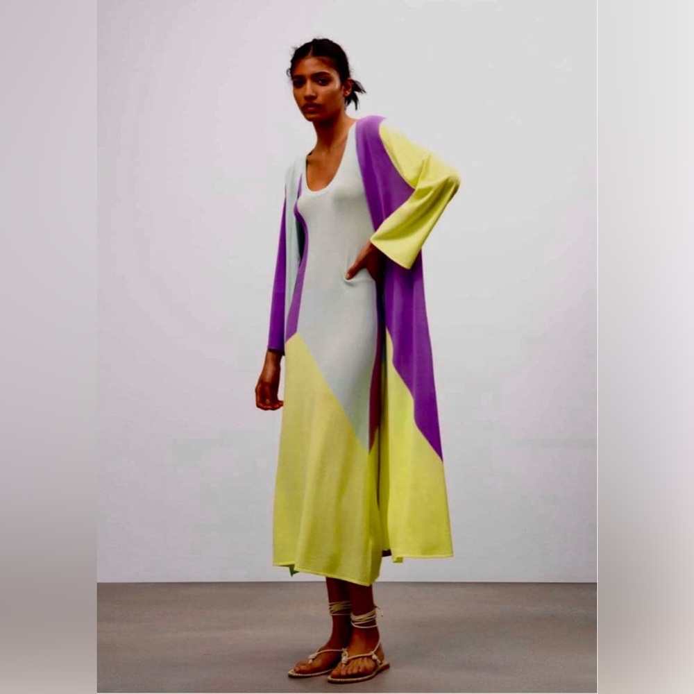 Set ZARA BNWT 2022. MULTICOLOURED LILAC CONTRASTING KNIT LONG CARDIGAN